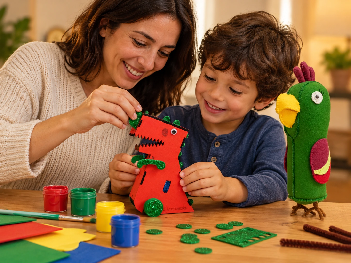 Adulto y niño construyen juntos una manualidad creativa
